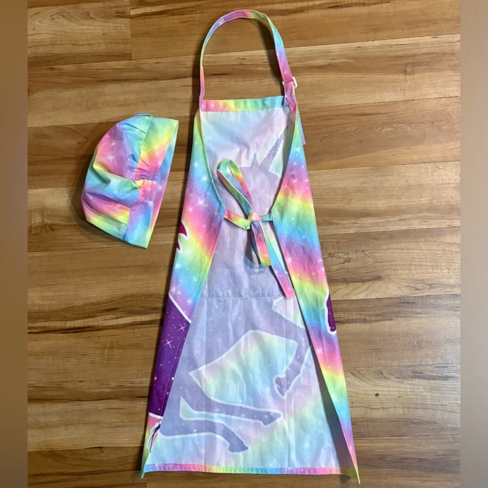 Girl’s Rainbow Unicorn Chef Apron and Hat Set, Kids Size 10